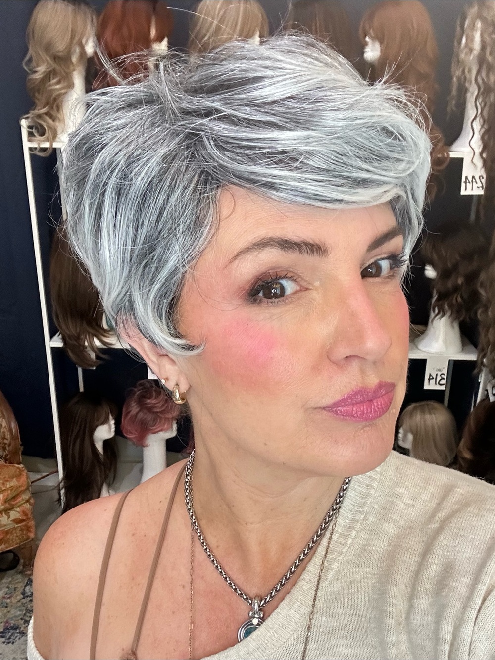 355 “Delilah” Pixie Grey Ombré Root Short Shag, Synthetic high quality FULL WIG